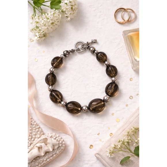 Jewelry - Smoky Quartz Sterling Silver 925 Beaded Toggle Bracelet Brown Stone 8.5 Inch